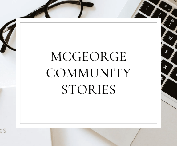 A white box says "McGeorge Community Stories." In the background you can see glasses and a latop